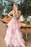 Pink Layers Prom Dress Long A-line Beaded Party Dress Tiered Strapless Tulle Evening Dress OKW44