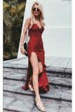 Charming Prom Dresses,Red Prom Gown,Lace Prom Dress,Spaghetti Straps Prom Dress,Sexy Prom Dress With Slit