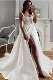 Graceful Sleeveless Ivory Satin Front-Split Wedding Dress With Lace Appliques OK1089