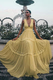 Gorgeous Yellow V-Neck Sleeveless Lace Appliques Chiffon Prom Dress OKW48