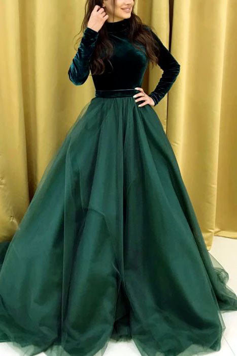 Dark Green A-line Satin Long Sleeves Prom Dress Evening Dress OKT91