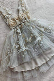 Cute V Neck Floral Short Gray Prom Dress Lace Formal Appliques Graduation Homecoming Dress OKX42