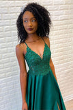 Emerald Spaghetti Straps Lace Appliques A-line Prom Dress OKU37
