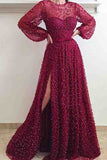 Cheap A Line Burgundy Long Sleeve Vintage Split Prom Dress OKE95