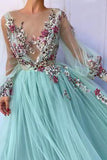 Princess Scoop Floral Appliques Long Puffy Sleeves Prom Dresses OKI31