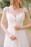 Elegant Cap Sleeve Long Chiffon Sweetheart Pleat Beach Wedding Dresses OK530