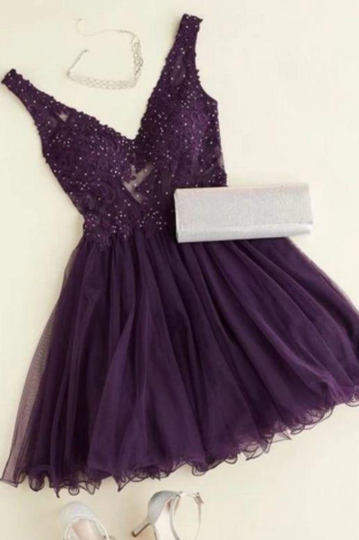 A-line V Neck Beaded Tulle Purple Short Homecoming Dress Graduation Dress OKX99