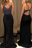 Mermaid Long Prom Dress Beaded Spaghetti Straps Evening Dress With Slit OK1253