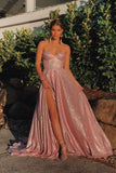 Sweetheart A Line Shiny Prom Dress Long Backless Slit Evening Gowns OKW33