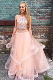 Two Piece Long Beading Long Tulle Prom Dresses,A Line Evening Dresses OKB21