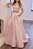 Two Piece Blush Pink Prom Dress Long Lace Prom Gowns With Pockets OKO91