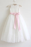 Ivory Lace Tulle Ivory Flower Girl Dresses With Pink Sash/Bows Sleeveless Floor-length OK207