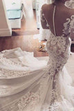 White Lace Appliques Mermaid Long Sleeves Tulle Wedding Dresses OK595