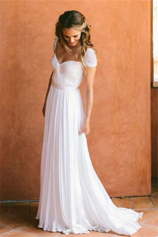 Cheap Sweetheart Beading Cap Sleeves Chiffon A-Line Pleats Wedding Dresses OK772