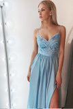 New A-Line Spaghetti Straps Blue Chiffon Long Prom Dress with Slit OKB26