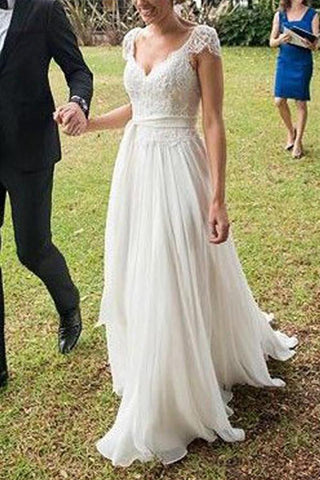 Unique Wedding Dresses,Long Wedding Dress,Ivory Wedding Dresses,Cap Sleeves Wedding Gowns,Lace Wedding Dress,Chiffon Wedding Dresses,Beach Wedding Dresses