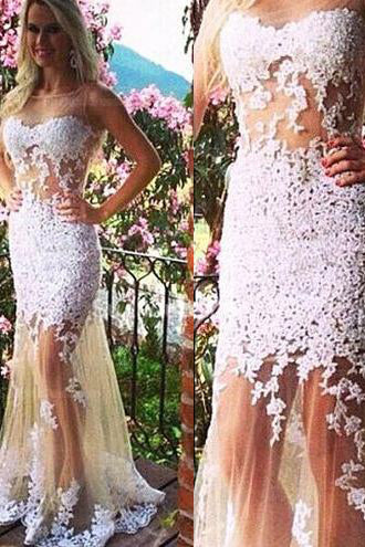 Sheath Scoop Tulle Long Backless Prom Dresses With White Lace Appliques OK578