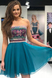 A-Line Strapless Embroidery Blue Chiffon Short Homecoming Dresses,Sweet 16 Dresses OKC47