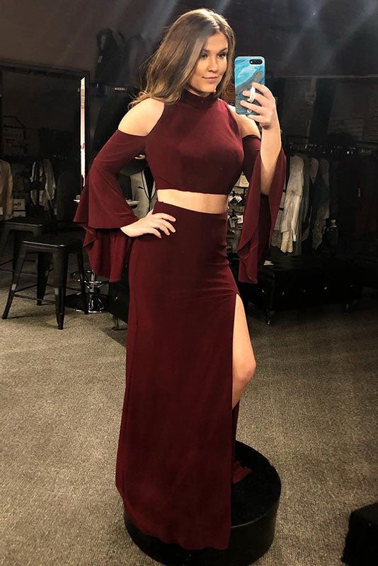 Two Piece Mermaid Cold Shoulder Long Sleeves Burgundy Prom Dresses With Split OKQ54