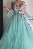 Princess Scoop Floral Appliques Long Puffy Sleeves Prom Dresses OKI31