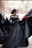 Black Gothic A-line Lace Appliqued Long Sleeves Prom Dress OKW61