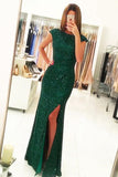 Luxurious Cap Sleeves Dark Green Split-Front Open Back Long Sequin Sexy Mermaid Prom Dresses OK150