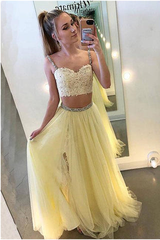 Sexy Two Pieces Yellow Tulle Straps A Line Long Prom Dresses With Lace OKB24