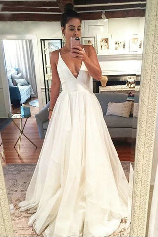 Simple Organza Beach Wedding Dress Backless Floor-Length Deep V-Neck A-line Bridal Dress OKW19