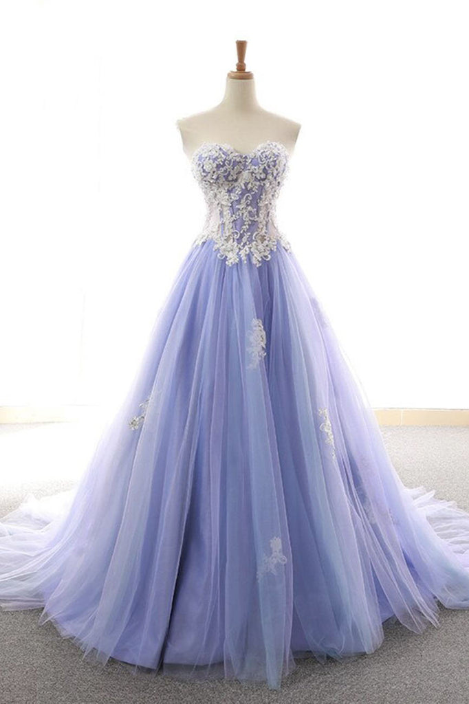 Princess Lavender Sweetheart A-line Tulle Appliques Prom Dress OKU36