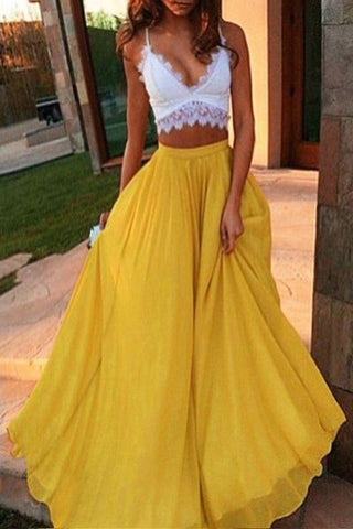 2 pieces Prom Dress,Yellow Prom Dresses,Long Evening Dresses,A Line Prom Dresses,White Evening Dress,Sexy Prom Gown