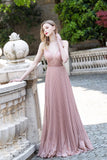 Beautiful Pink Sleeveless Long Prom Dress New Beading Glitter V Neck Pleated Party Gown OKW57