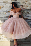 Off the Shoulder Sparkly Pink Tea Length Ball Gowns Prom Dresses OKI5