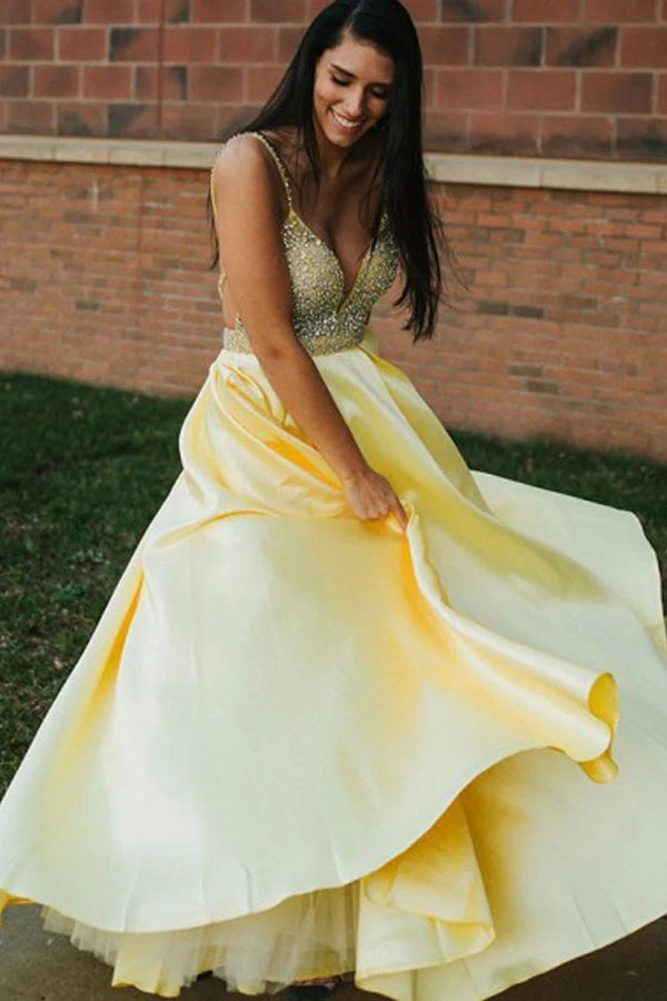 A-line Spaghetti Straps Backless Yellow Satin Prom Dress With Beading OKU5