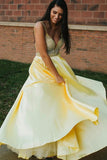 A-line Spaghetti Straps Backless Yellow Satin Prom Dress With Beading OKU5