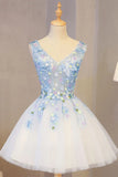 Cute V Neck Lace Applique Short Prom Dress A-line Tulle Homecoming Dress OKY21