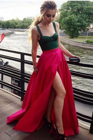 Two Piece A-Line Square Neck Fuchsia Satin Split Prom Dresses With Green Top OKF53