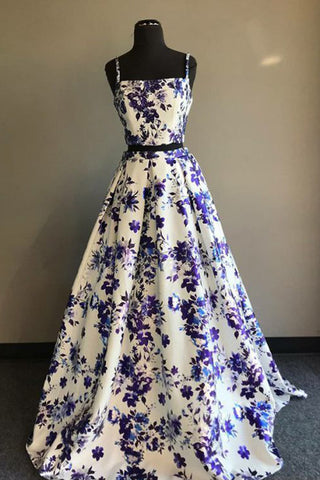 Cheap Long Two Piece A Line Floral Printed Straps Prom Dresses OKB92