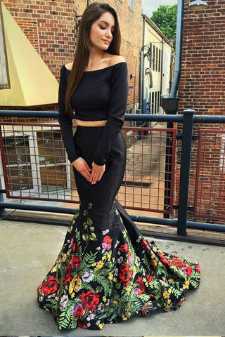 Two Piece Off the Shoulder Mermaid Long Sleeves Black Floral Printed Prom Dress