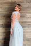 Long Sleeves Chiffon Sheer Lace Applique V-neck Plus Size Wedding Dress OKV31