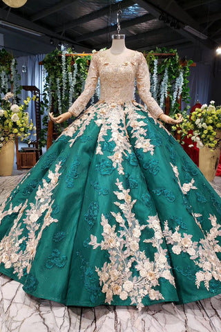 Long Sleeve Ball Gown Wedding Dress Appliques Beading Quinceanera Dress OKR12