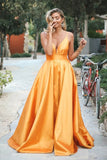 Orange Spaghetti-Straps Elegant V-Neck Backless Sleeveless Prom Dress OKN7