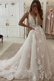 Lace Applique Ivory A-line V-Neck Wedding Dress Cheap Bridal Dress OKU81