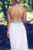 A Line Chiffon Beaded Sleeveless Long Open Back Prom Dress OKH25