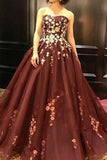 Strapless Burgundy Sleeveless Long Prom Dresses with Appliques OKH36