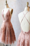 Spaghetti Straps Short Pink Homecoming Dresses Criss Cross Back OKO75