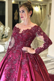 Long Sleeves Lace Appliques Burgundy Court Train Ball Gown Prom Dress OKS8