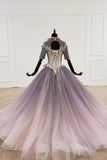 Sparkly Ball Gown Half Sleeves Ombre Quinceanera Dress with Flowers OKS90