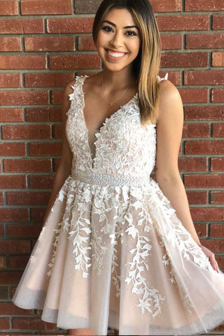 Princess V Neck Short A Line Lace Homecoming Dress,Graduation Dress OKA64