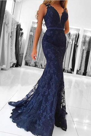 Elegant Navy Blue V Neck Long Lace Mermaid Prom Evening Dresses