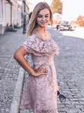 Elegant Off the Shoulder Blush Lace Short Homecoming Dress OKM73